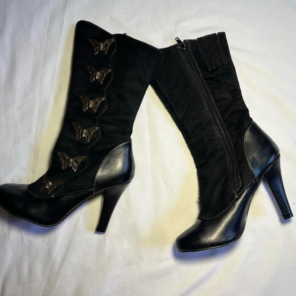 Demonia Black Heeled Boots with Gold Butterfly Accents - Picture 7 of 8